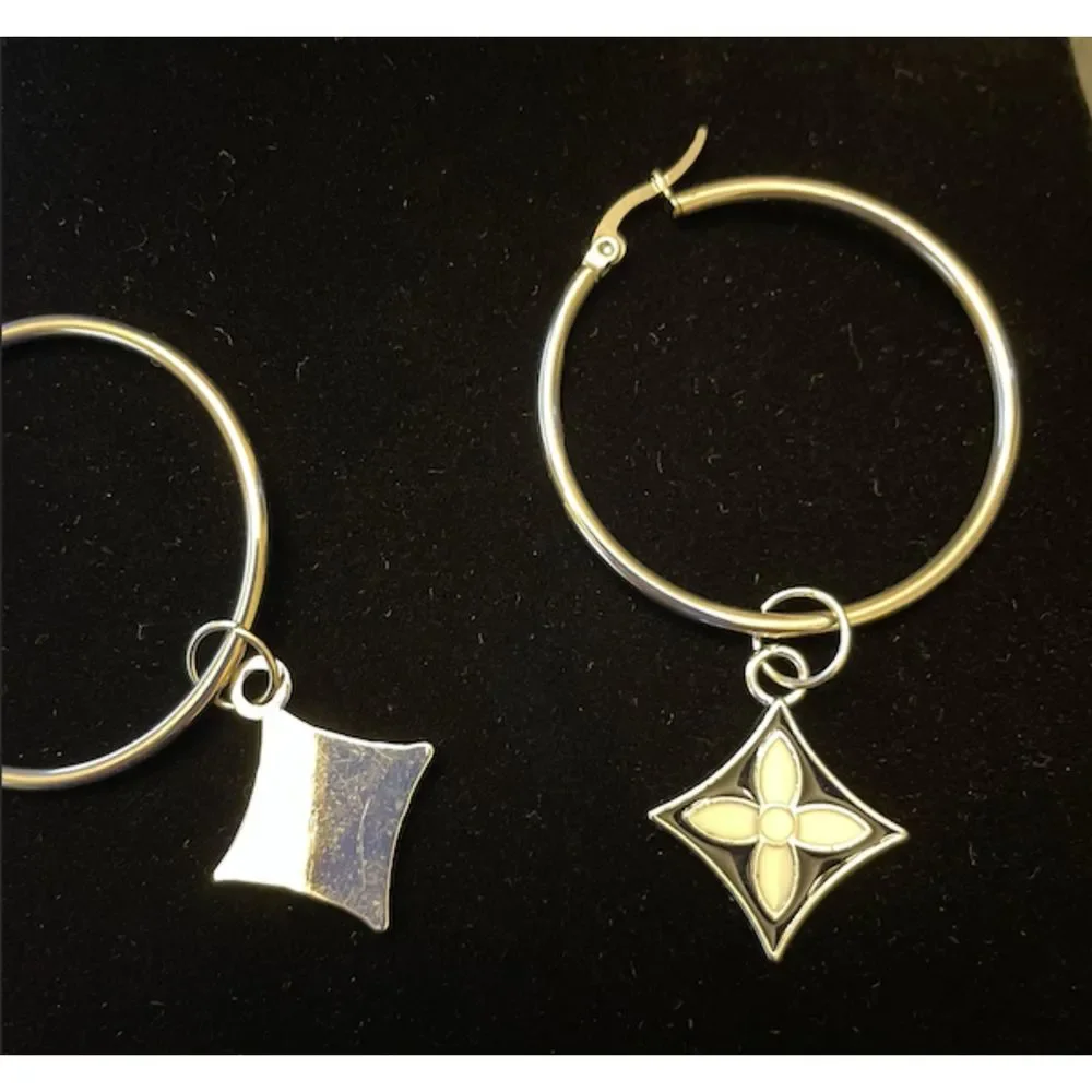 Silver Hoop Earrings with Black and White Flower Charms - Picture 2 of 4